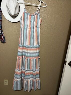 Jessica Simpson Striped Maxi Dress in Coral, Aqua, Gray & White